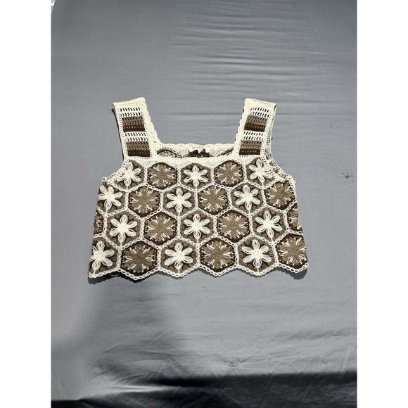 Rebellion Again Tops - REBELLION AGAIN Crochet Crop Top Brown & Cream Size M Cottage Core Hippie Boho